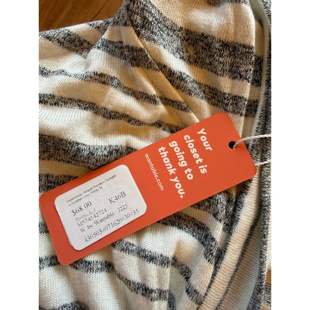 Wantable Striped Hooded Cardigan Women‎ M Grey White NEW Duster Open Front